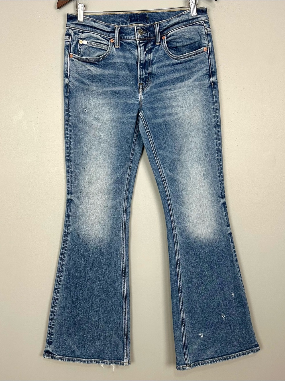 American Eagle AE77 Premium Flare Jeans Women’s Size 8 Mid Rise Distressed Denim